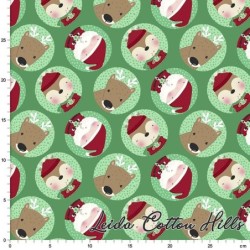 Tela para patchwork con círculos con caras de renos y Papá Noel