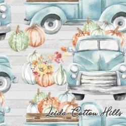 Tela para patchwork con camionetas cargadas de calabazas ∙ Leida Cotton Hills