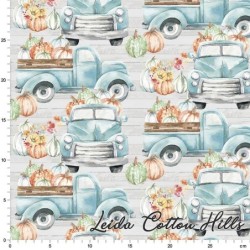 Tela para patchwork con camionetas cargadas de calabazas