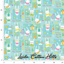 Tela para patchwork con conejitos y escenas de huertos