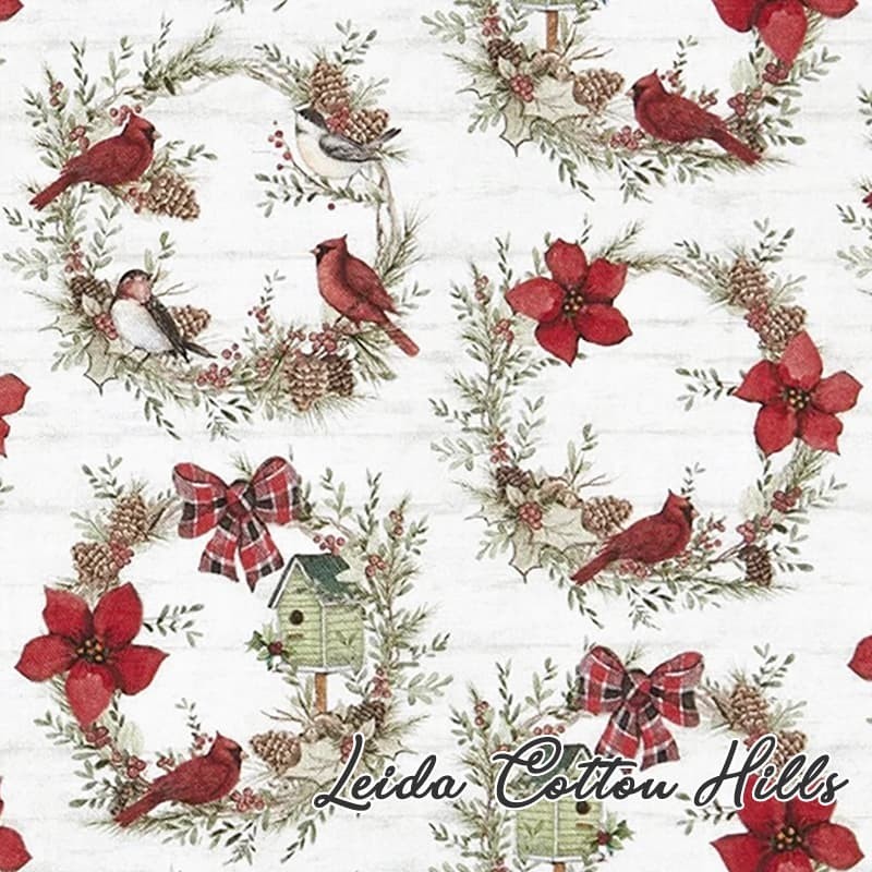 Tela para patchwork con petirrojos y coronas de Navidad ∙ Leida Cotton Hills