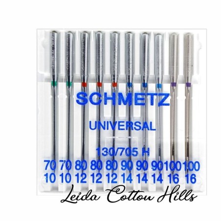 Aguja universal surtido 70-80-90-100 con talón plano para máquina doméstica de Schmetz ∙ Leida Cotton Hills