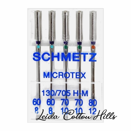 Agujas microtex surtido 60-70-80 con talón plano para máquina doméstica de Schmetz ∙ Leida Cotton Hills