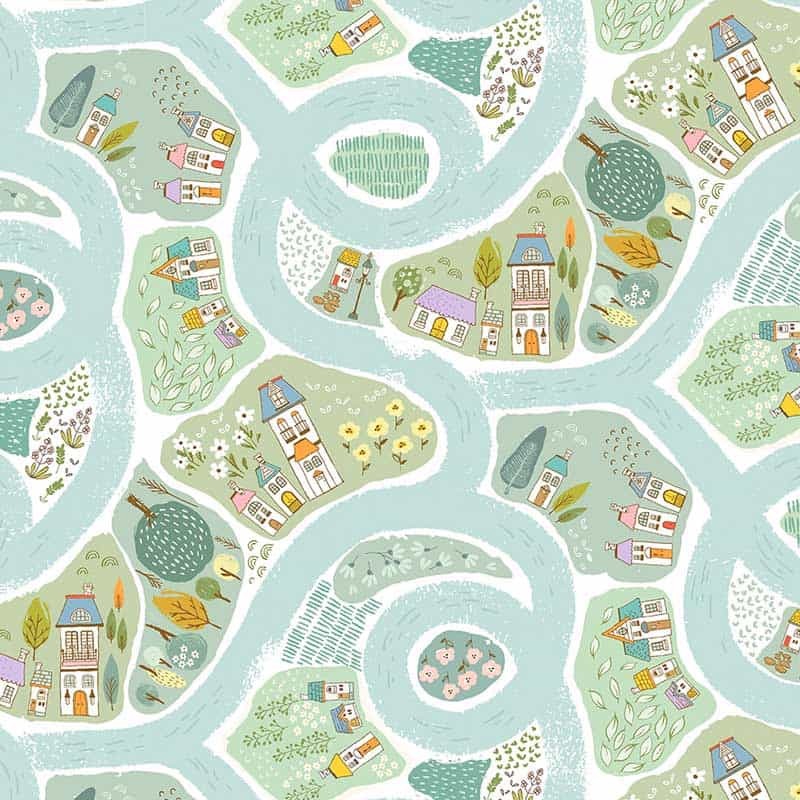 ? Tela Trasera para Patchwork con Carreteras y Casas Multicolor ∙ Leida Cotton Hills