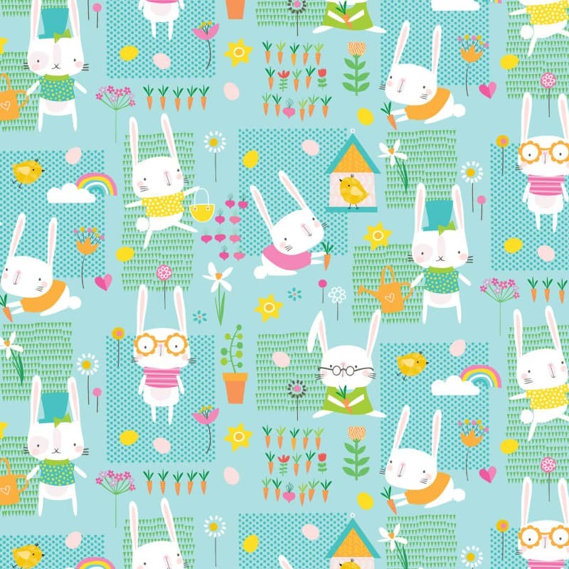 Tela para patchwork con conejitos en fondo color agua