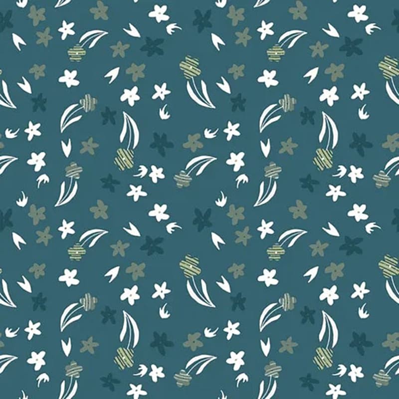 Tela para patchwork verde con flores blancas  verdes