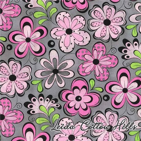 Tela para patchwork con flores rosas grandes sobre gris