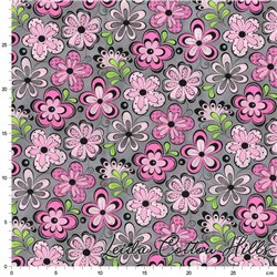 Tela para patchwork con flores rosas grandes sobre gris