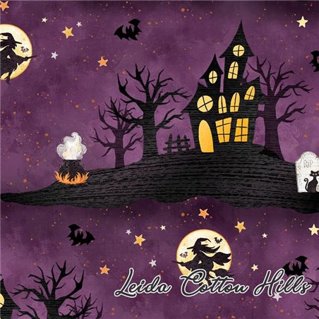 Tela para patchwork con dibujos de Halloween sobre morado