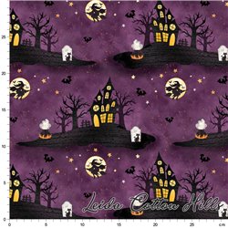 Tela para patchwork con dibujos de Halloween sobre morado