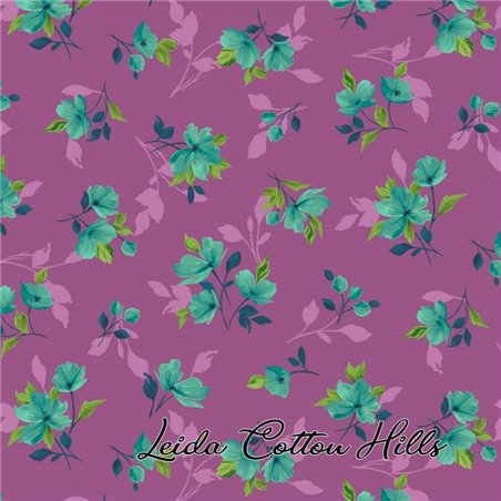 ? Tela para Patchwork con flores turquesa sobre purpura ∙ Leida Cotton Hills